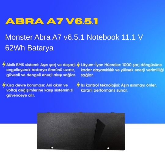 Monster Abra A7 v6.5.1 Notebook 11.1 V 62Wh Batarya – Orjinal Uyumlu, Yüksek Performanslı