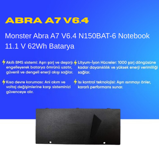 Monster Abra A7 V6.4 N150BAT-6 Notebook 11.1 V 62Wh Batarya – Orjinal Uyumlu, Yüksek Performanslı
