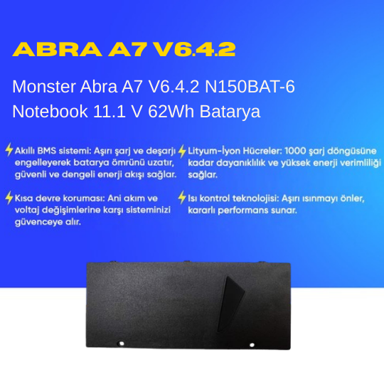 Monster Abra A7 V6.4.2 N150BAT-6 Notebook 11.1 V 62Wh Batarya – Orjinal Uyumlu, Yüksek Performanslı