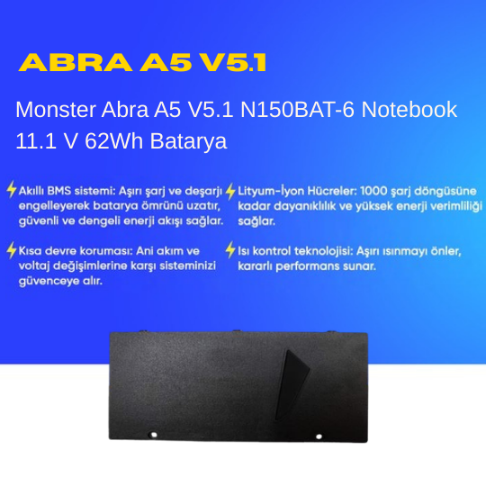 Monster Abra A7 V6.5 N150BAT-6 Notebook 11.1 V 62Wh Batarya – Orjinal Uyumlu, Yüksek Performanslı