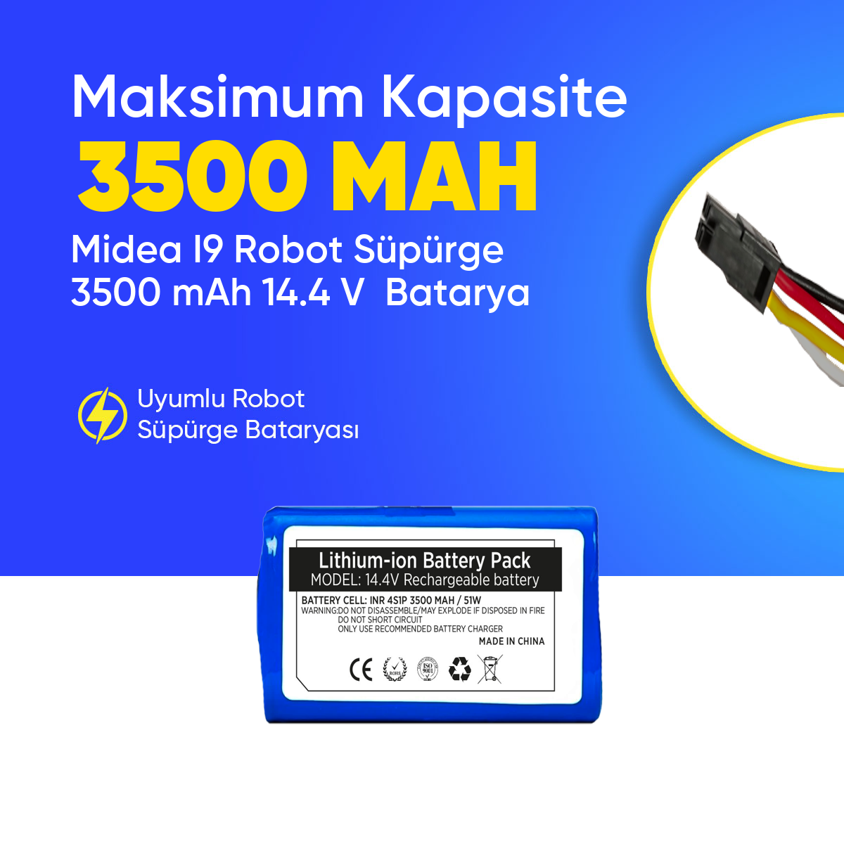 Midea I9 Robot Süpürge 3500 mAh 14.4 V  Batarya – Orjinal Uyumlu Uzun Ömürlü, Yüksek Performans Pil