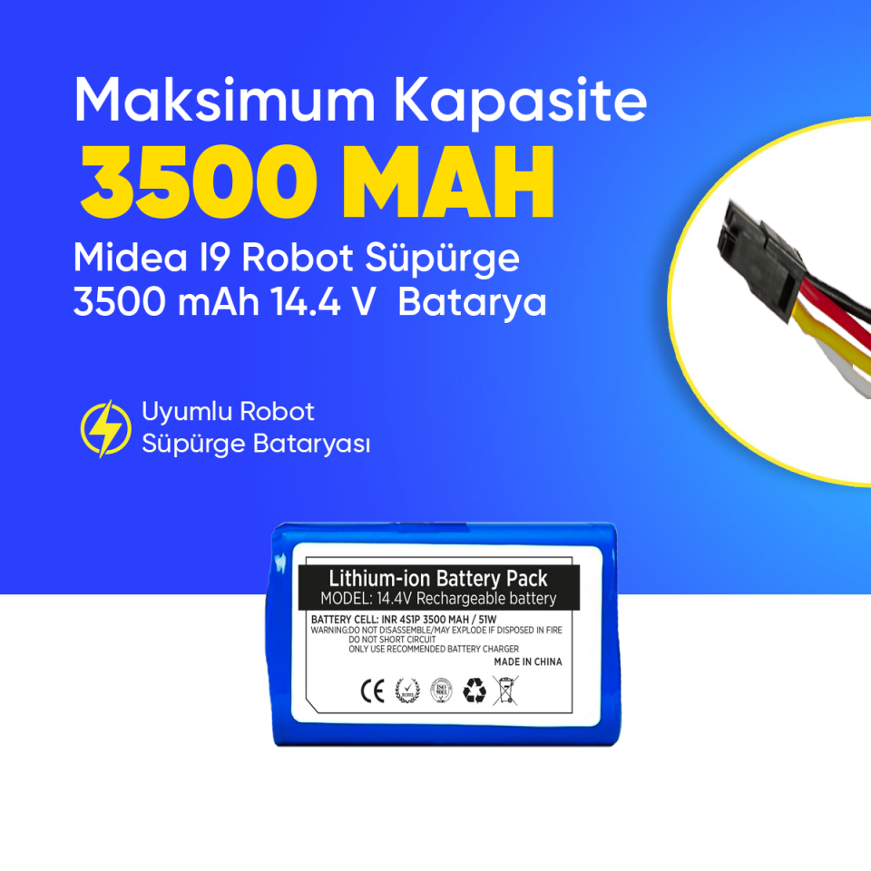 Midea I9 Robot Süpürge 3500 mAh 14.4 V  Batarya – Orjinal Uyumlu Uzun Ömürlü, Yüksek Performans Pil