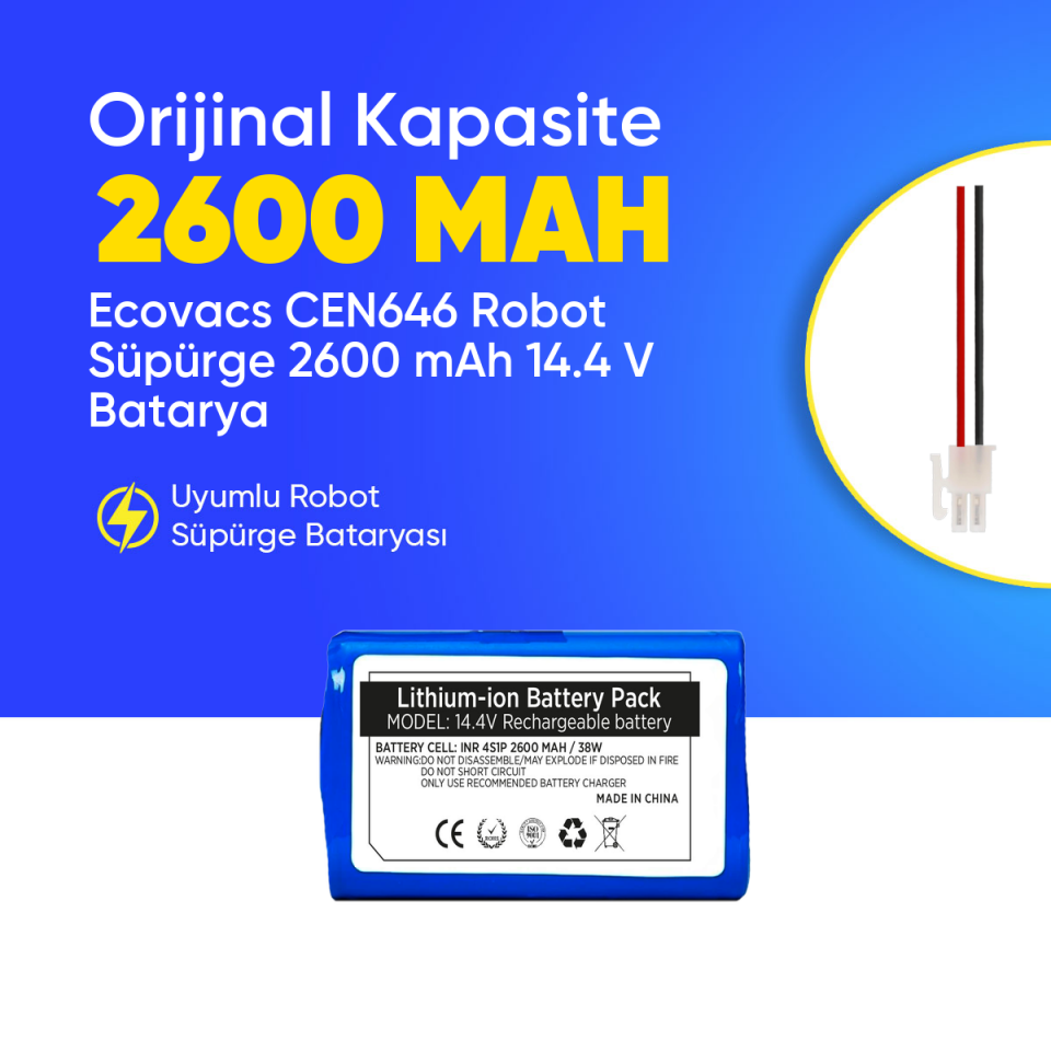 Ecovacs CEN646 Robot Süpürge 2600 mAh 14.4 V  Batarya – Orjinal Uyumlu Uzun Ömürlü, Yüksek Performans Pil