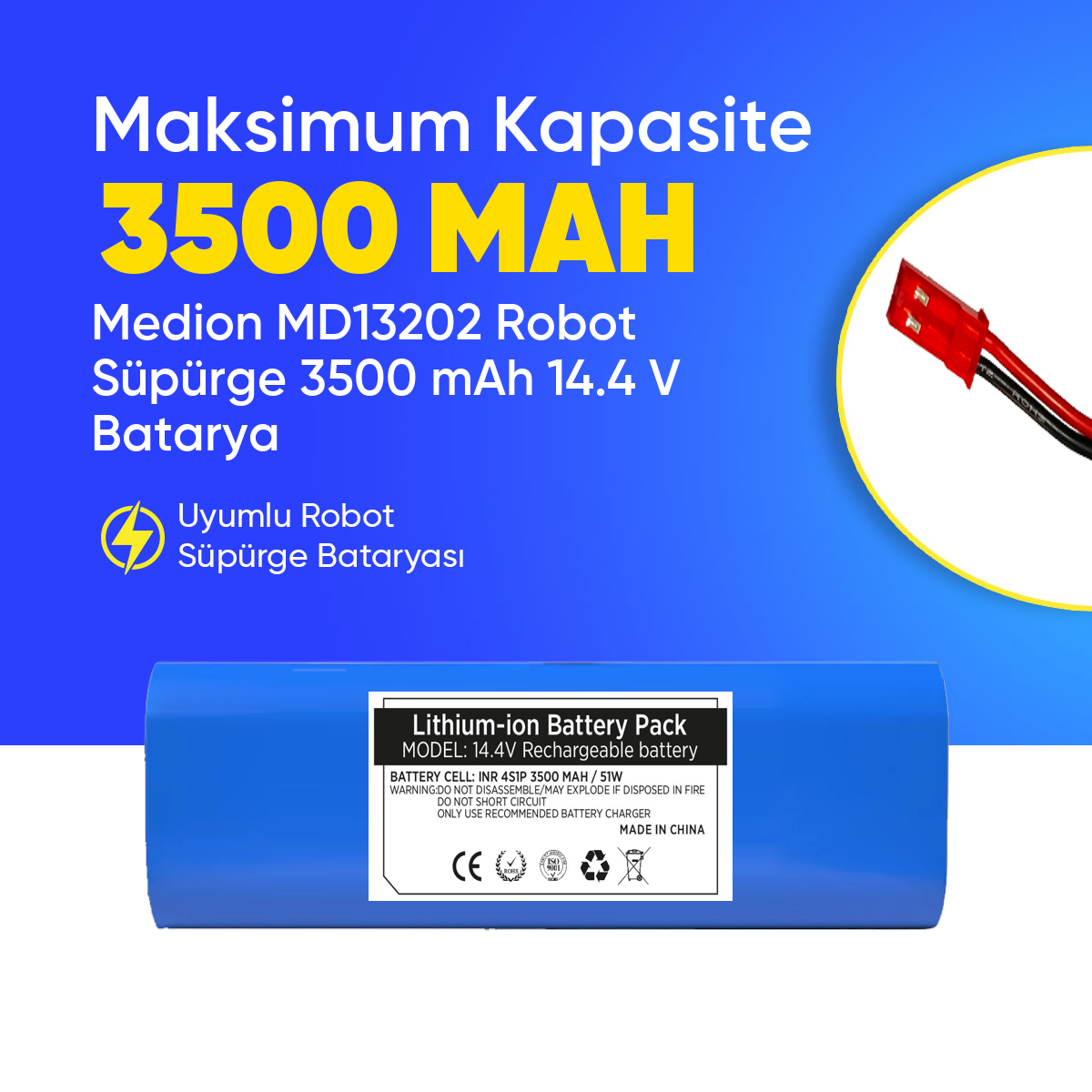 Medion MD13202 Robot Süpürge 3500 mAh 14.4 V  Batarya – Orjinal Uyumlu Uzun Ömürlü, Yüksek Performans Pil