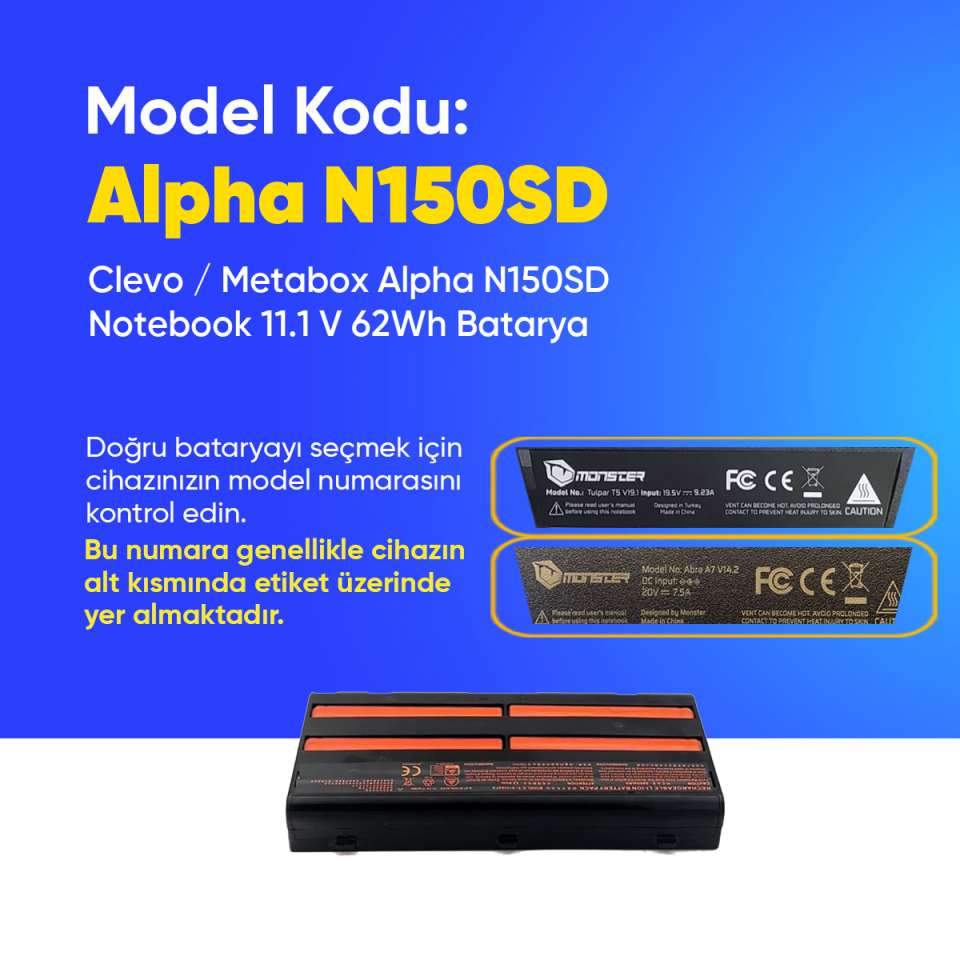 Clevo / Metabox Alpha N150SD Notebook 11.1 V 62Wh Batarya – Orjinal Uyumlu, Yüksek Performanslı