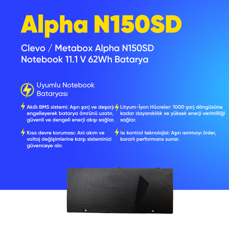 Clevo / Metabox Alpha N150SD Notebook 11.1 V 62Wh Batarya – Orjinal Uyumlu, Yüksek Performanslı