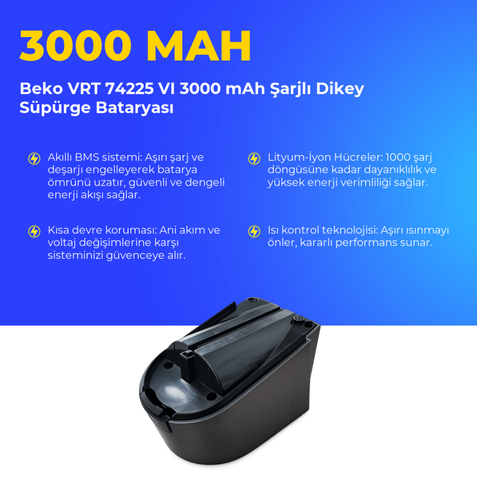 Beko VRT 74225 VI 3000 Mah Şarjlı Dikey Süpürge Bataryası