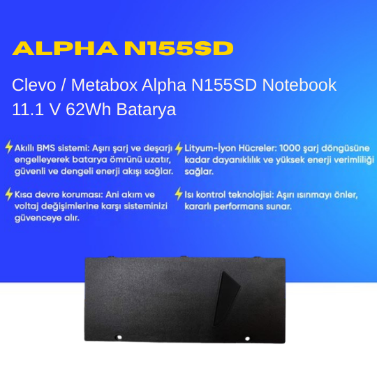 Clevo / Metabox Alpha N155SD Notebook 11.1 V 62Wh Batarya – Orjinal Uyumlu, Yüksek Performanslı
