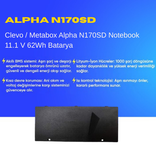 Clevo / Metabox Alpha N170SD Notebook 11.1 V 62Wh Batarya – Orjinal Uyumlu, Yüksek Performanslı