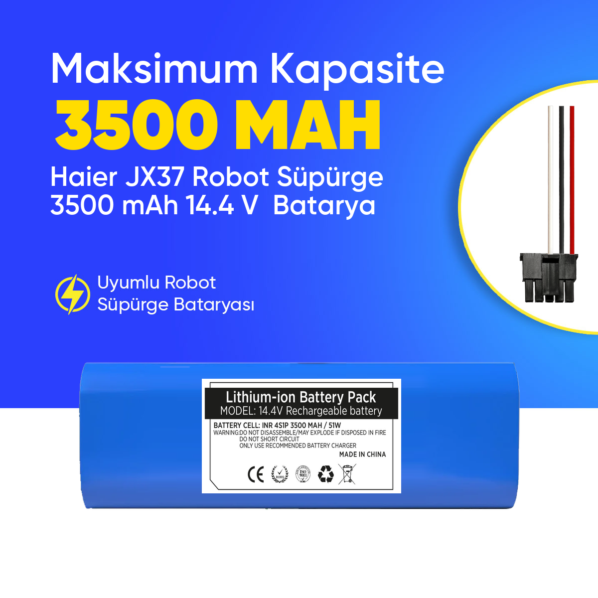 Haier JX37 Robot Süpürge 3500 mAh 14.4 V  Batarya – Orjinal Uyumlu Uzun Ömürlü, Yüksek Performans Pil