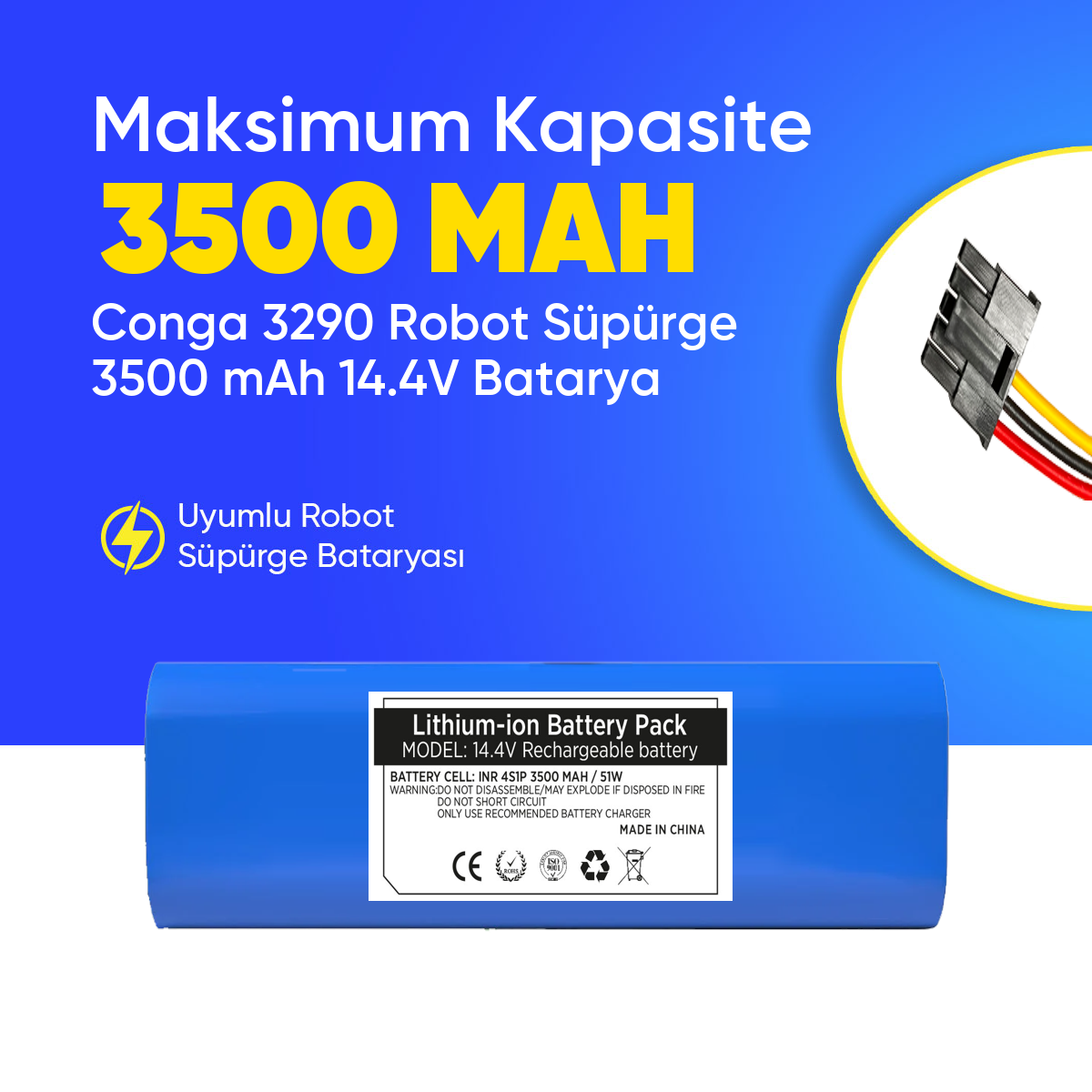 Conga 3290 Robot Süpürge 3500 mAh 14.4 V,  Batarya – Orjinal Uyumlu Uzun Ömürlü, Yüksek Performans Pil