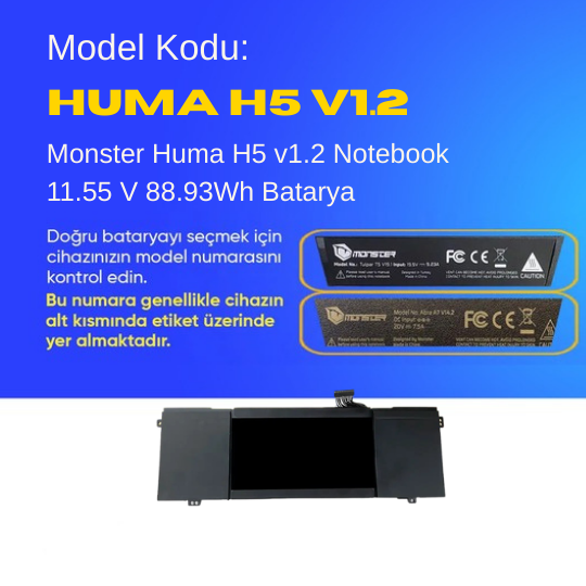 Monster Huma H5 v1.2 Notebook 11.55 V 88.93Wh Batarya – Orjinal Uyumlu, Yüksek Performanslı