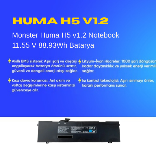 Monster Huma H5 v1.2 Notebook 11.55 V 88.93Wh Batarya – Orjinal Uyumlu, Yüksek Performanslı