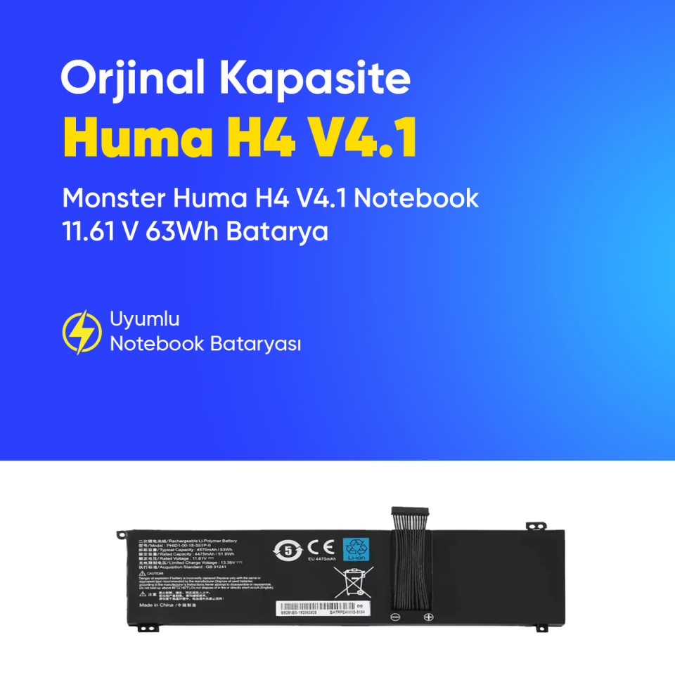 Monster Huma H4 V4.1 Notebook 11.61 V 63Wh Batarya – Orijinal Uyumlu, Yüksek Performanslı