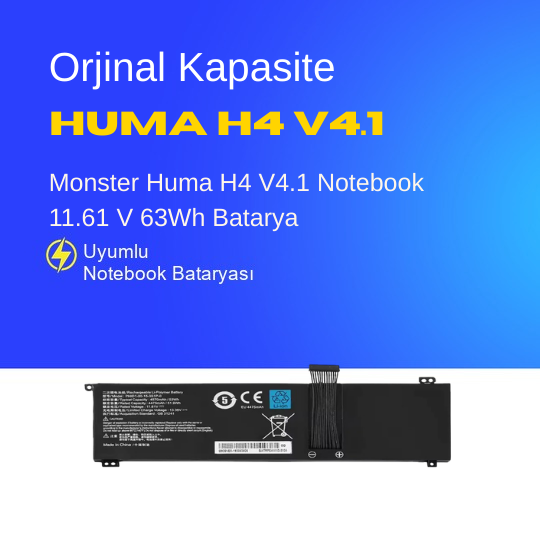 Monster Huma H4 V4.1 Notebook 11.61 V 63Wh Batarya – Orijinal Uyumlu, Yüksek Performanslı