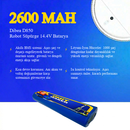 Dibea D850 Robot Süpürge 2600 mAh Batarya