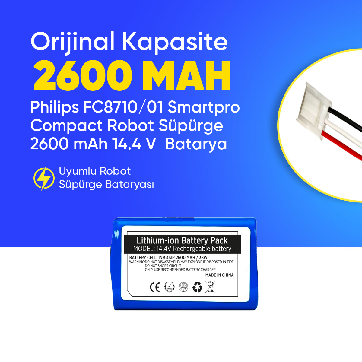 Philips FC8710/01 Smartpro Compact Robot Süpürge 2600 mAh 14.4 V  Batarya – Orjinal Uyumlu Uzun Ömürlü, Yüksek Performans Pil