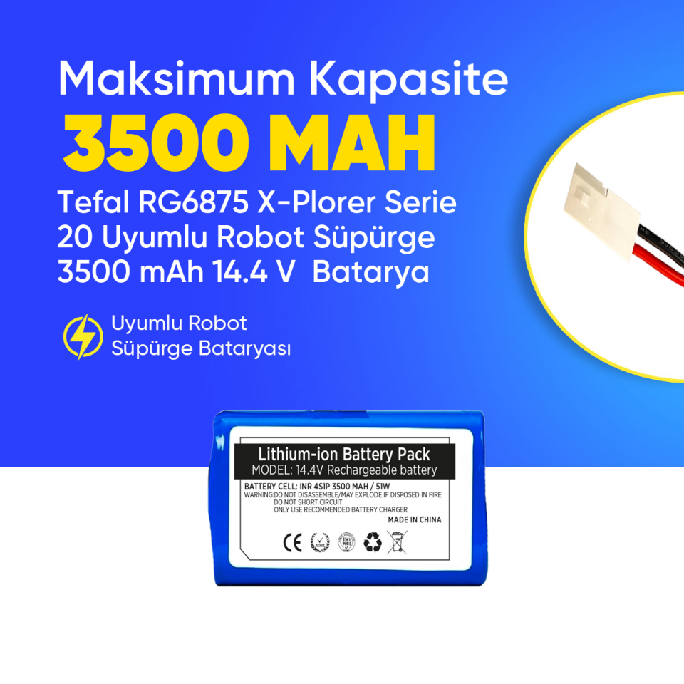 Tefal RG6875 X-Plorer Serie 20 Uyumlu Robot Süpürge 3500 mAh 14.4 V  Batarya – Orjinal Uyumlu Uzun Ömürlü, Yüksek Performans Pil