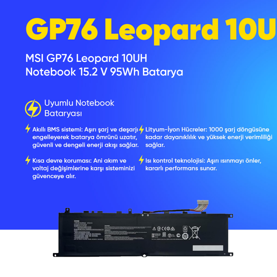 MSI GP76 Leopard 10UH Notebook 15.2 V 95Wh Batarya – Orjinal Uyumlu, Yüksek Performanslı