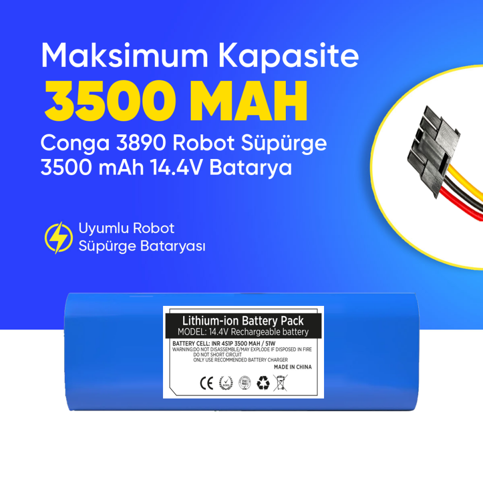 Conga 3890 Robot Süpürge 3500 mAh 14.4 V,  Batarya – Orjinal Uyumlu Uzun Ömürlü, Yüksek Performans Pil
