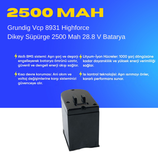 Grundig Vcp 8931 Highforce Dikey Süpürge 2500 Mah 28.8 V Batarya – Orjinal Uyumlu Uzun Ömürlü Pil