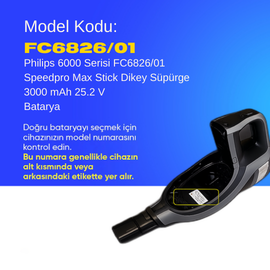 Philips 6000 Serisi FC6823/81 Speedpro Max Stick Dikey Süpürge 3000 mAh 25.2 V  Batarya – Orjinal Uyumlu Uzun Ömürlü, Yüksek Performans Pil