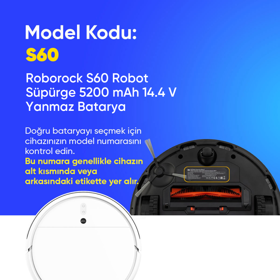 Roborock S60 Robot Süpürge 5200 mAh 14.4 V Yanmaz Batarya – Orjinal Uyumlu Uzun Ömürlü, Yüksek Performans Pil