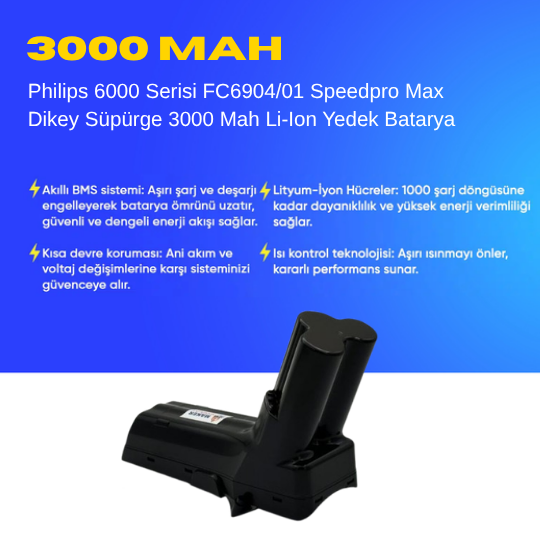 Philips 6000 Serisi FC6904/01 Speedpro Max Stick Süpürge 3000 Mah Li-Ion Yedek Batarya, Uzun Ömürlü, Yüksek Performanslı