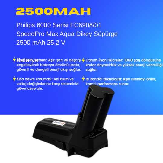 Philips 6000 Serisi FC6908/01 SpeedPro Max Aqua Dikey Süpürge 2500 mAh 25.2 V  Batarya – Orjinal Uyumlu Uzun Ömürlü, Yüksek Performans Pil