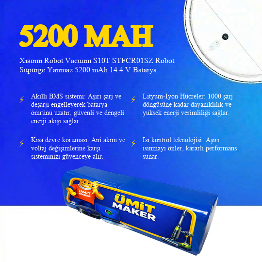 Xiaomi Robot Vacuum S10T STFCR01SZ Robot Süpürge 5200 mAh 14.4 V Yanmaz Batarya – Orjinal Uyumlu Uzun Ömürlü, Yüksek Performans Pil