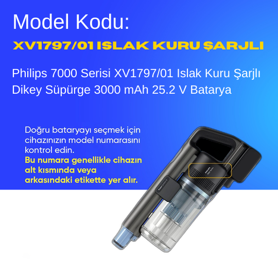 Philips 7000 Serisi XV1797/01 Islak Kuru Şarjlı  Dikey Süpürge 3000 mAh 25.2 V  Batarya – Orjinal Uyumlu Uzun Ömürlü, Yüksek Performans Pil