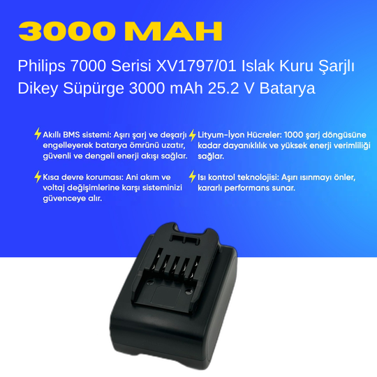 Philips 7000 Serisi XV1797/01 Islak Kuru Şarjlı  Dikey Süpürge 3000 mAh 25.2 V  Batarya – Orjinal Uyumlu Uzun Ömürlü, Yüksek Performans Pil