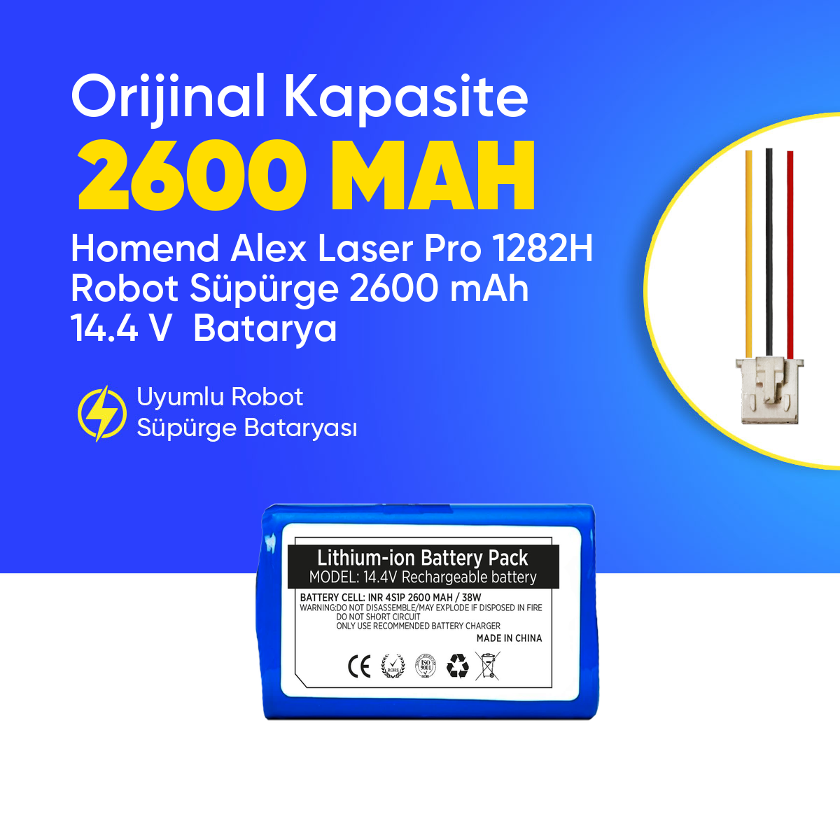 Homend Alex Laser Pro 1282H Robot Süpürge 2600 mAh 14.4 V  Batarya – Orjinal Uyumlu Uzun Ömürlü, Yüksek Performans Pil