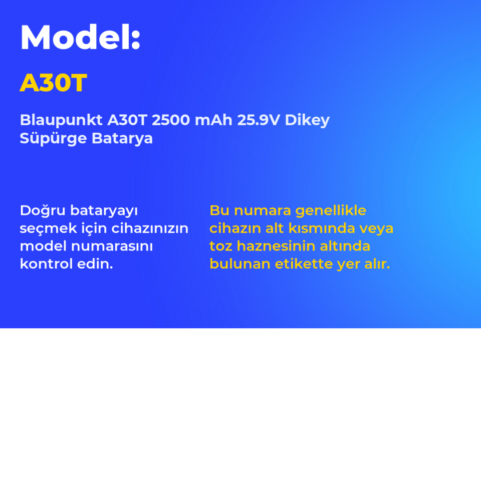 Blaupunkt A30T 2500 mAh 25.9V Dikey Süpürge Batarya