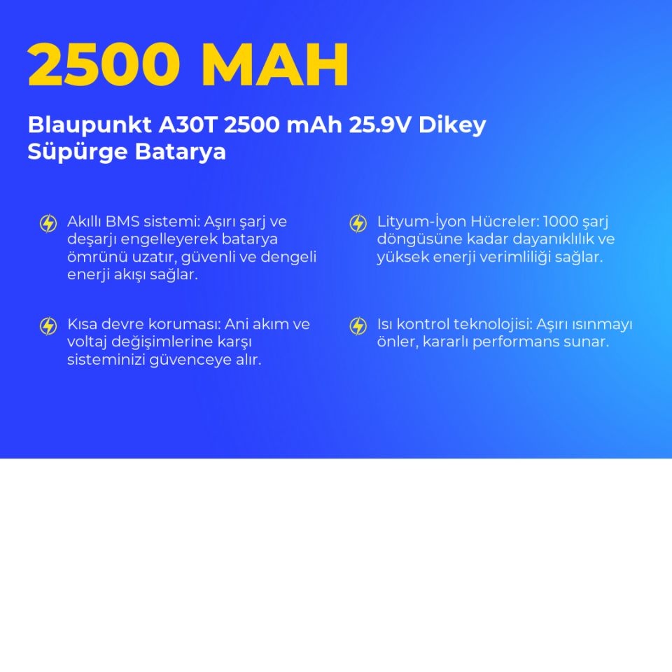 Blaupunkt A30T 2500 mAh 25.9V Dikey Süpürge Batarya