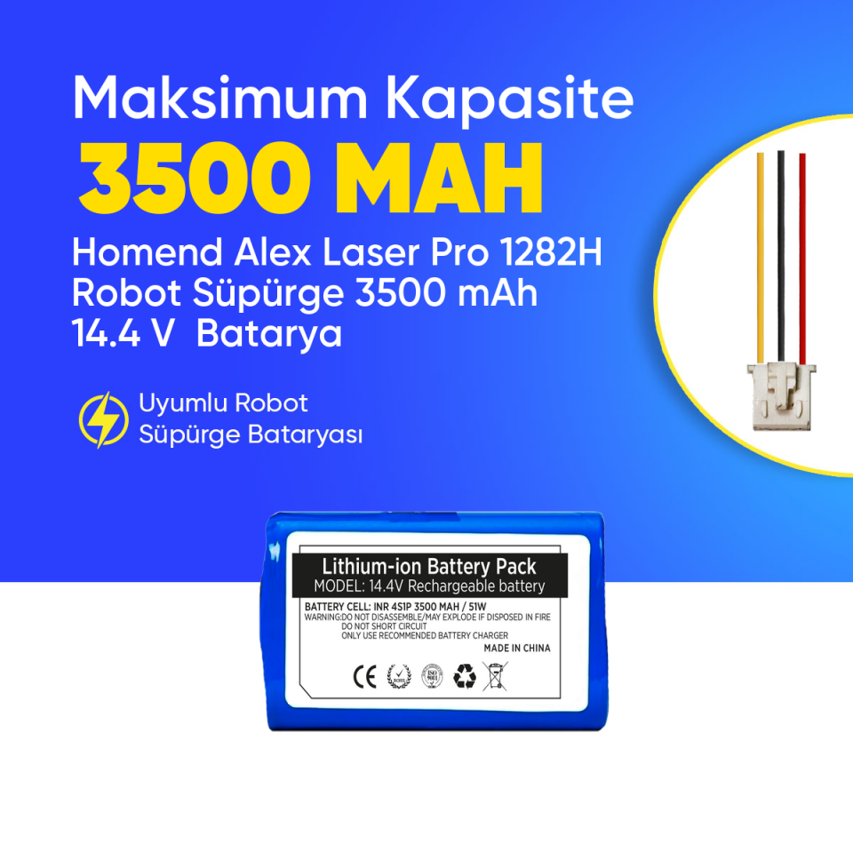 Homend Alex Laser Pro 1282H Robot Süpürge 3500 mAh 14.4 V  Batarya – Orjinal Uyumlu Uzun Ömürlü, Yüksek Performans Pil