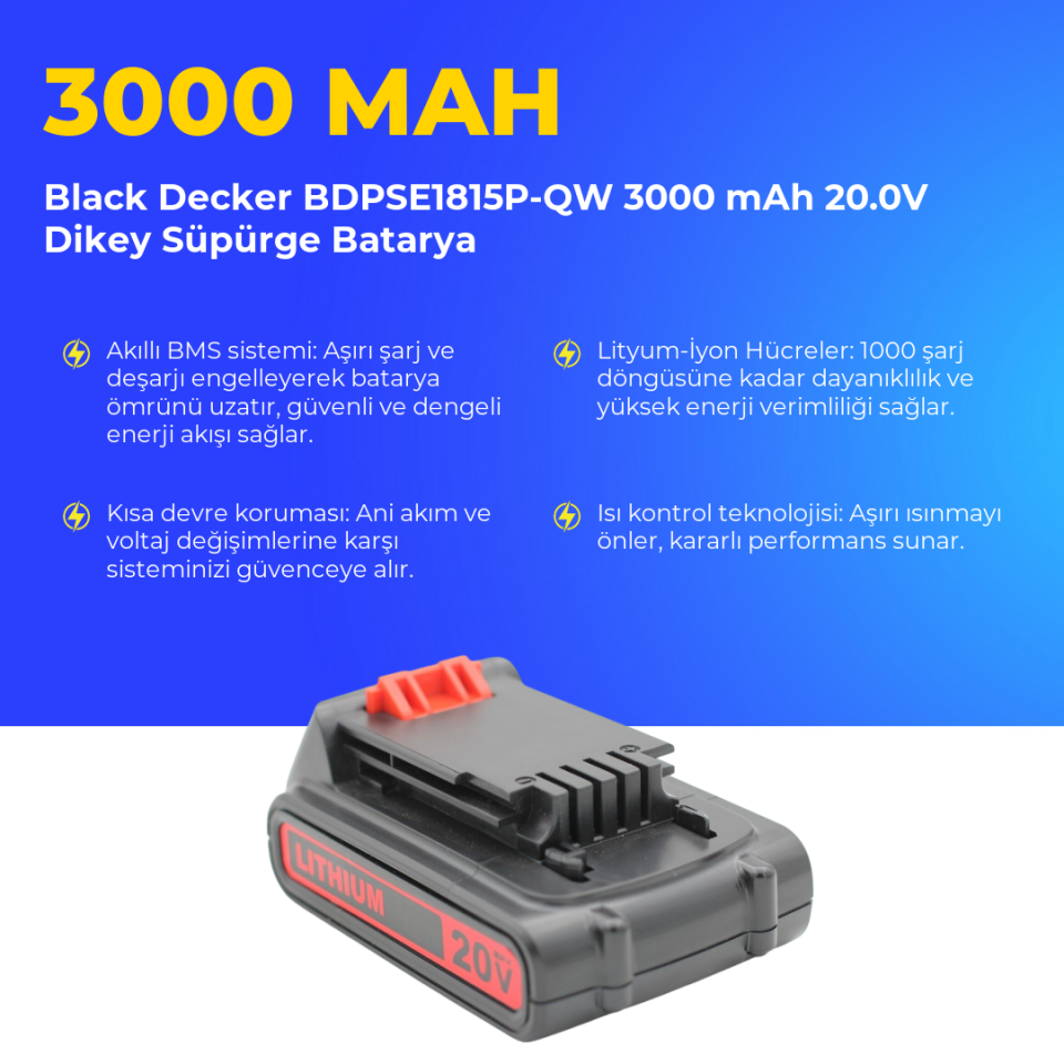 Black Decker BDPSE1815P-QW 3000 mAh 20.0V Dikey Süpürge Batarya