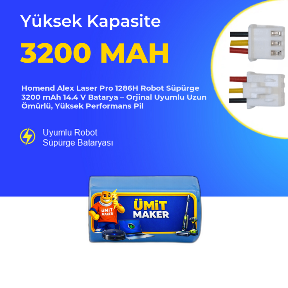 Homend Alex Laser Pro 1286H Robot Süpürge 3200 mAh 14.4 V  Batarya – Orjinal Uyumlu Uzun Ömürlü, Yüksek Performans Pil