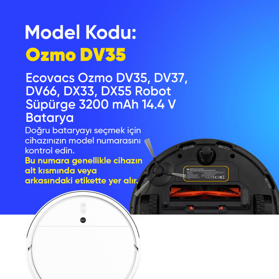 Ecovacs Ozmo DV35, DV37, DV66, DX33, DX55 Robot Süpürge 3200 mAh 14.4 V  Batarya – Orjinal Uyumlu Uzun Ömürlü, Yüksek Performans Pil