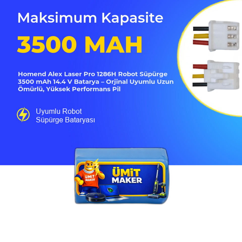Homend Alex Laser Pro 1286H Robot Süpürge 3500 mAh 14.4 V  Batarya – Orjinal Uyumlu Uzun Ömürlü, Yüksek Performans Pil