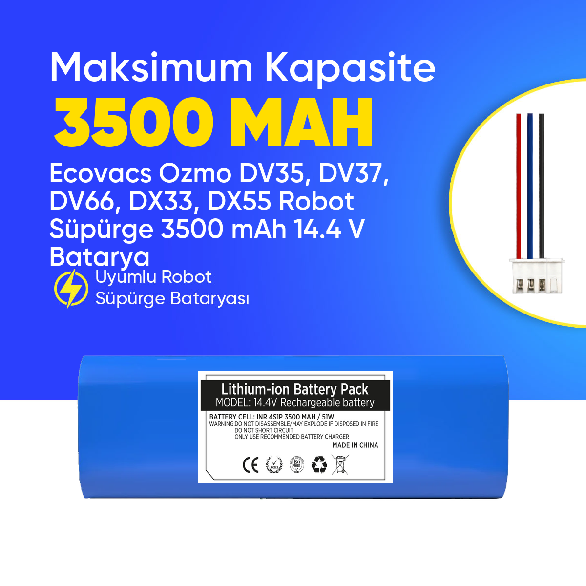 Ecovacs Ozmo DV35, DV37, DV66, DX33, DX55 Robot Süpürge 3500 mAh 14.4 V  Batarya – Orjinal Uyumlu Uzun Ömürlü, Yüksek Performans Pil