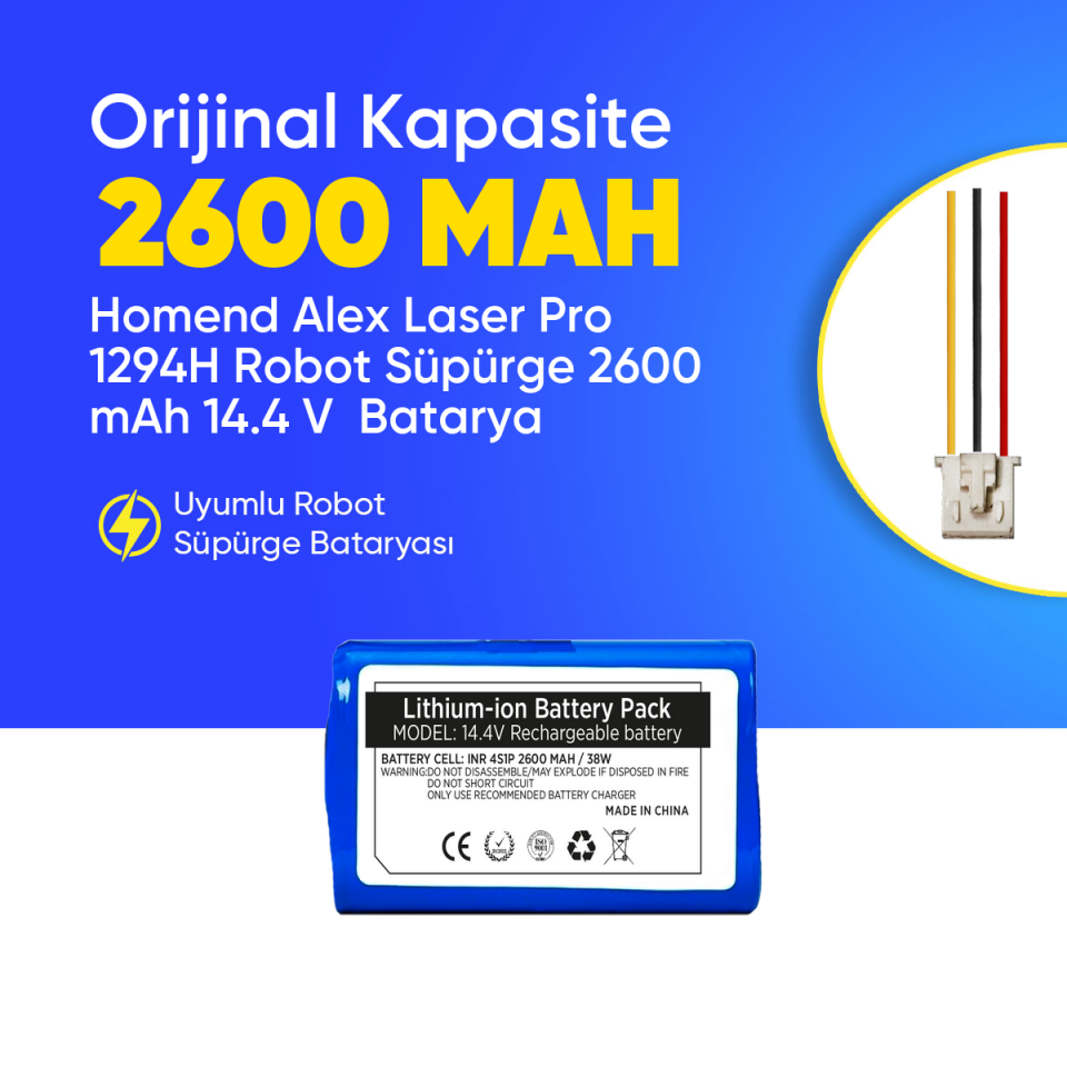 Homend Alex Laser Pro 1294H Robot Süpürge 2600 mAh 14.4 V  Batarya – Orjinal Uyumlu Uzun Ömürlü, Yüksek Performans Pil