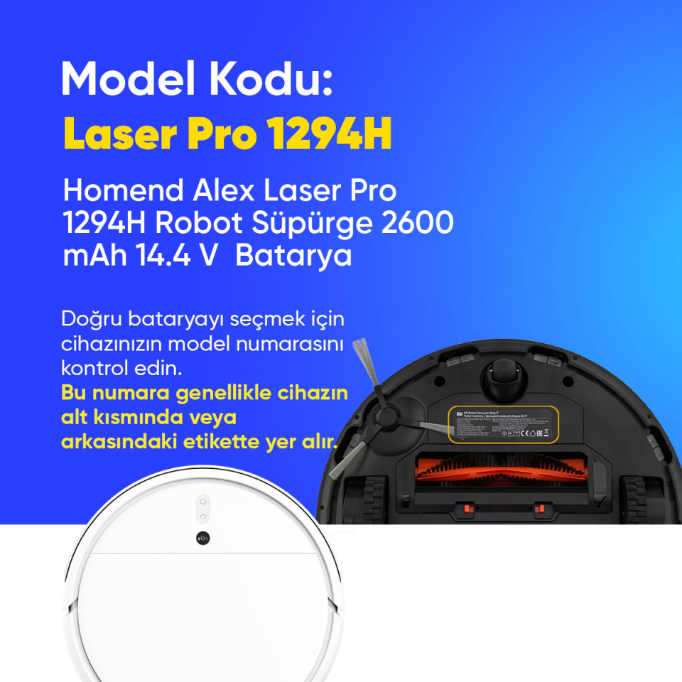 Homend Alex Laser Pro 1294H Robot Süpürge 2600 mAh 14.4 V  Batarya – Orjinal Uyumlu Uzun Ömürlü, Yüksek Performans Pil