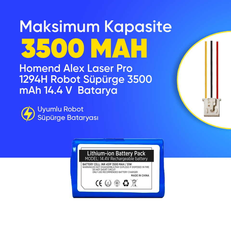 Homend Alex Laser Pro 1294H Robot Süpürge 3500 mAh 14.4 V  Batarya – Orjinal Uyumlu Uzun Ömürlü, Yüksek Performans Pil
