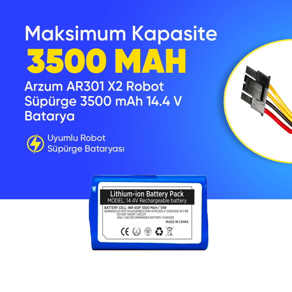 Arzum AR301 X2 Robot Süpürge 3500 mAh 14.4 V  Batarya – Orjinal Uyumlu Uzun Ömürlü, Yüksek Performans Pil