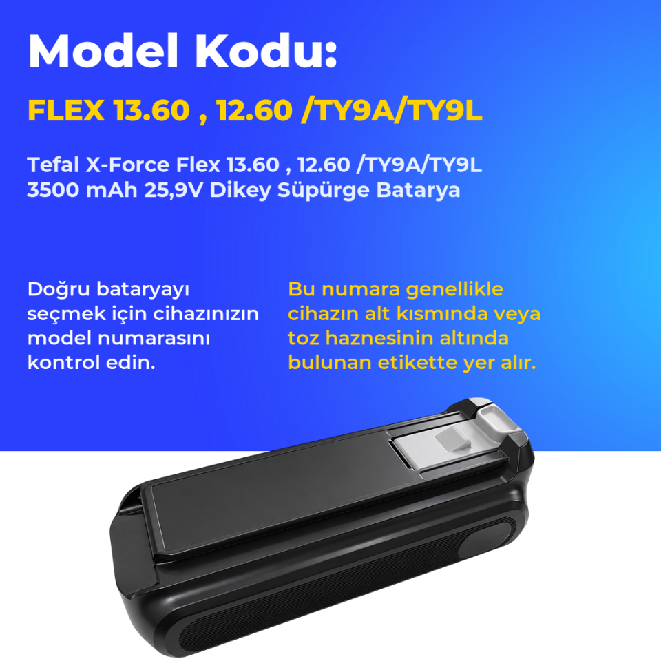Tefal X-Force Flex 13.60 , 12.60 /TY9A/TY9L 3500 mAh 25,9V Dikey Süpürge Batarya