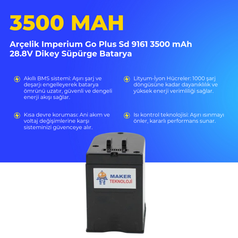 Arçelik Imperium Go Plus Sd 9161 3500 mAh 28.8V Dikey Süpürge Batarya