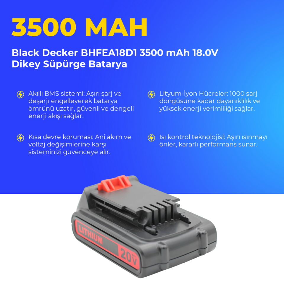 Black Decker BHFEA18D1 3500 mAh 18.0V Dikey Süpürge Batarya