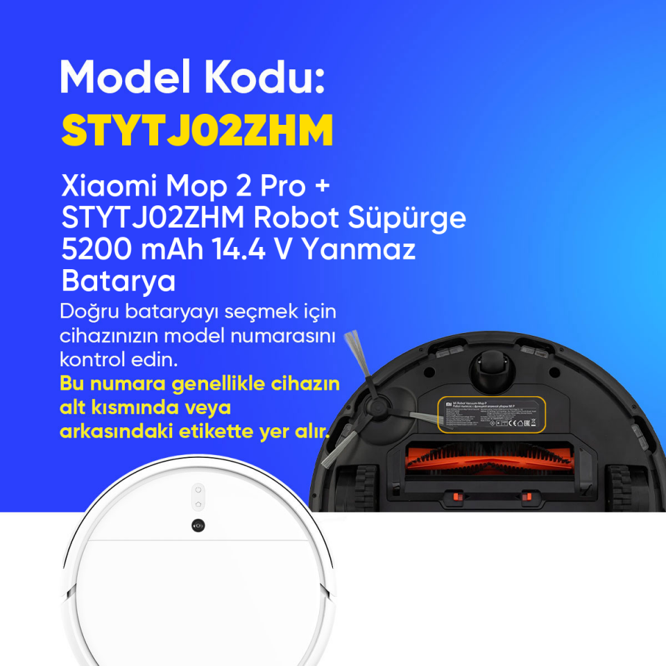 Xiaomi Mop 2 Pro + STYTJ02ZHM Robot Süpürge 5200 mAh 14.4 V Yanmaz Batarya – Orjinal Uyumlu Uzun Ömürlü, Yüksek Performans Pil