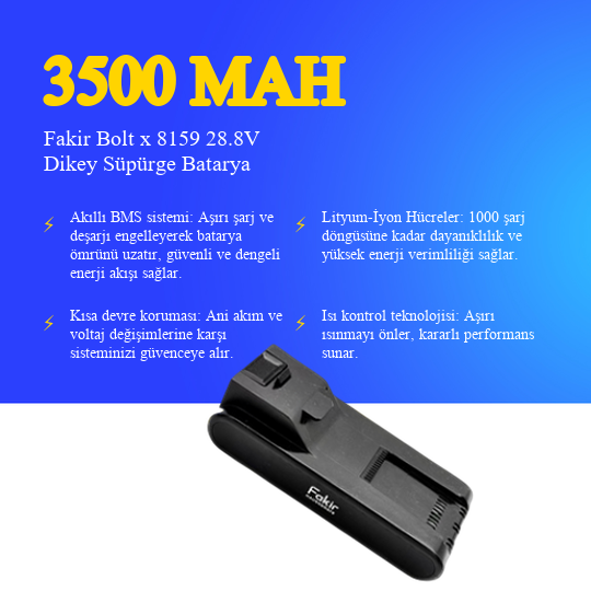 Fakir Bolt x 8159 28.8V 3500Mah Dikey Süpürge Bataryası - Orjinal Uyumlu Uzun Ömürlü, Yüksek Performans Pil